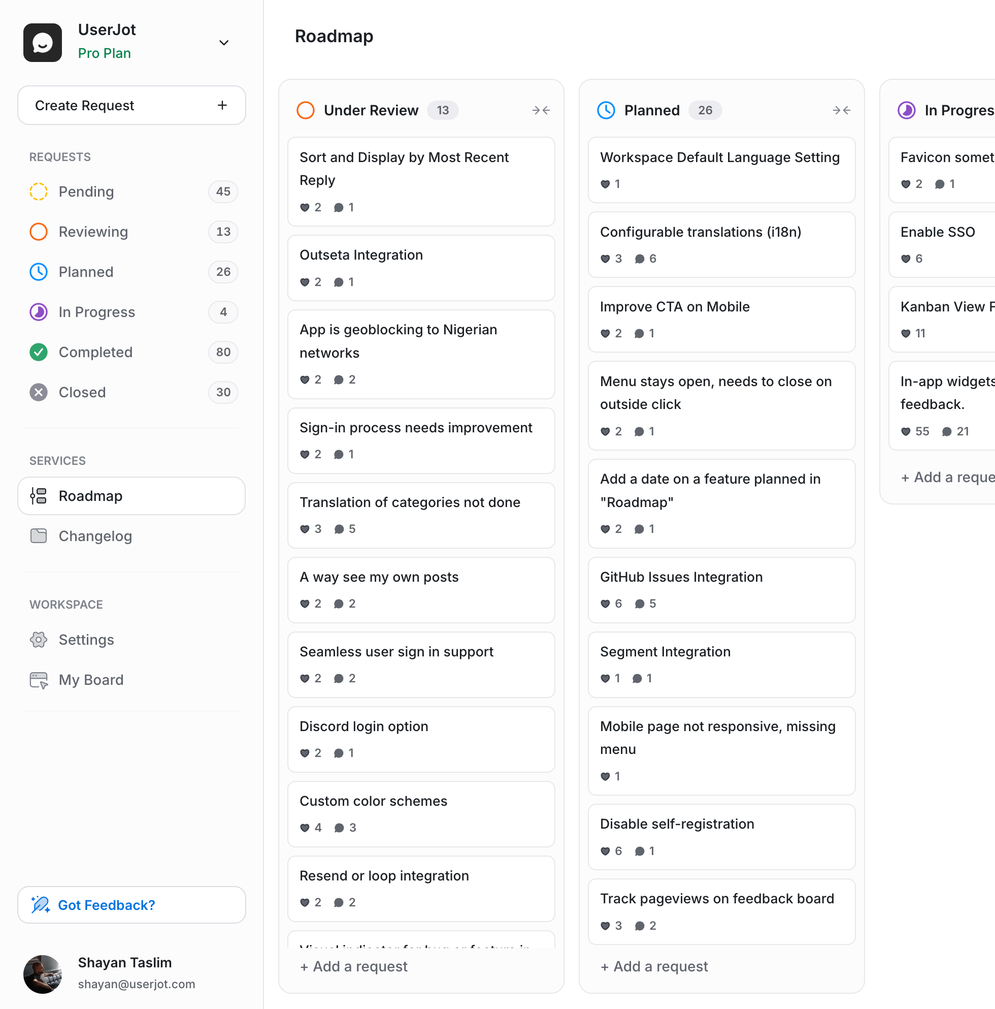 UserJot public roadmap