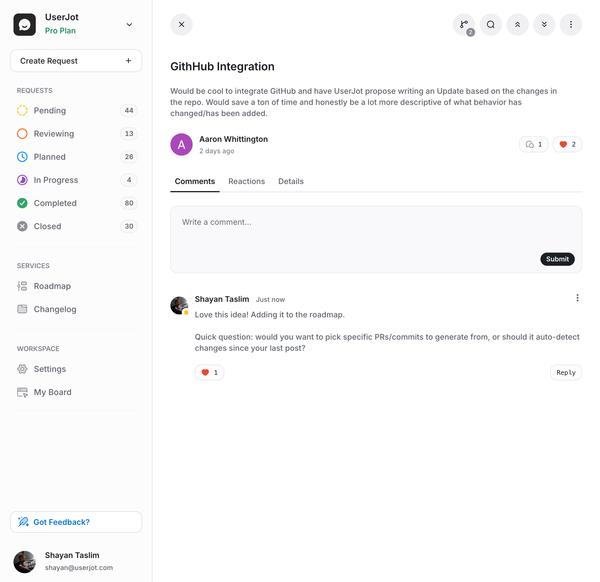 UserJot feedback item with comments